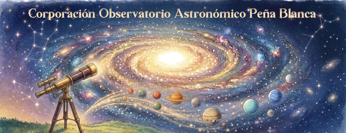 Ilustración astronómica con telescopio, galaxia y planetas de la Corporación Observatorio Astronómico Peña Blanca.