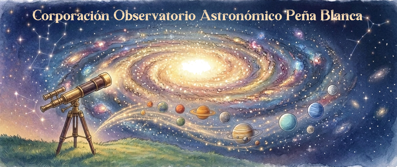 baner_corporacion astronomia_1 Ilustración astronómica con telescopio, galaxia y planetas de la Corporación Observatorio Astronómico Peña Blanca.