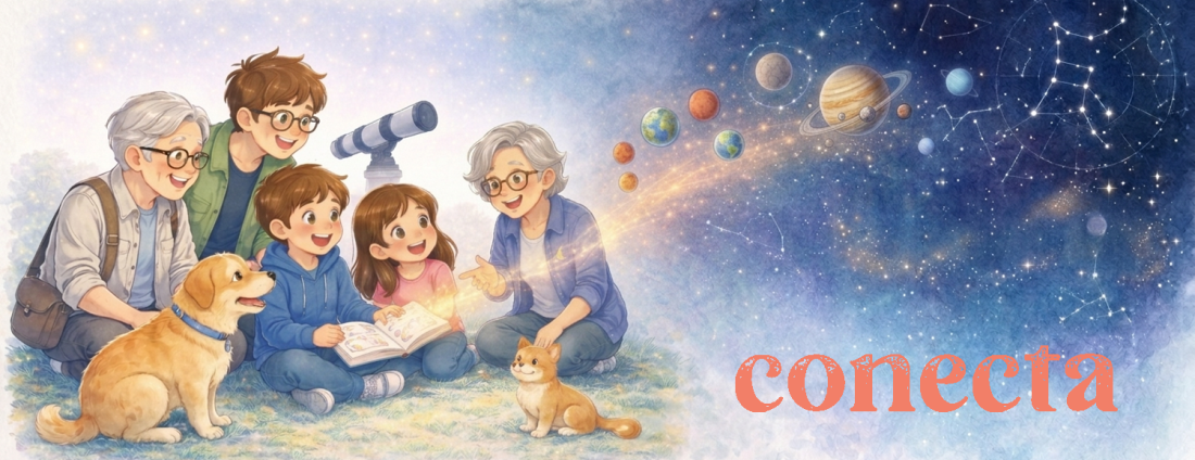 Familia participando en actividad educativa de astronomía con planetas y constelaciones.