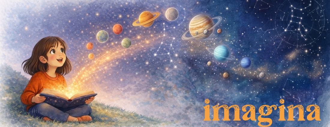 Niña imaginando el universo mientras lee un libro de astronomía.