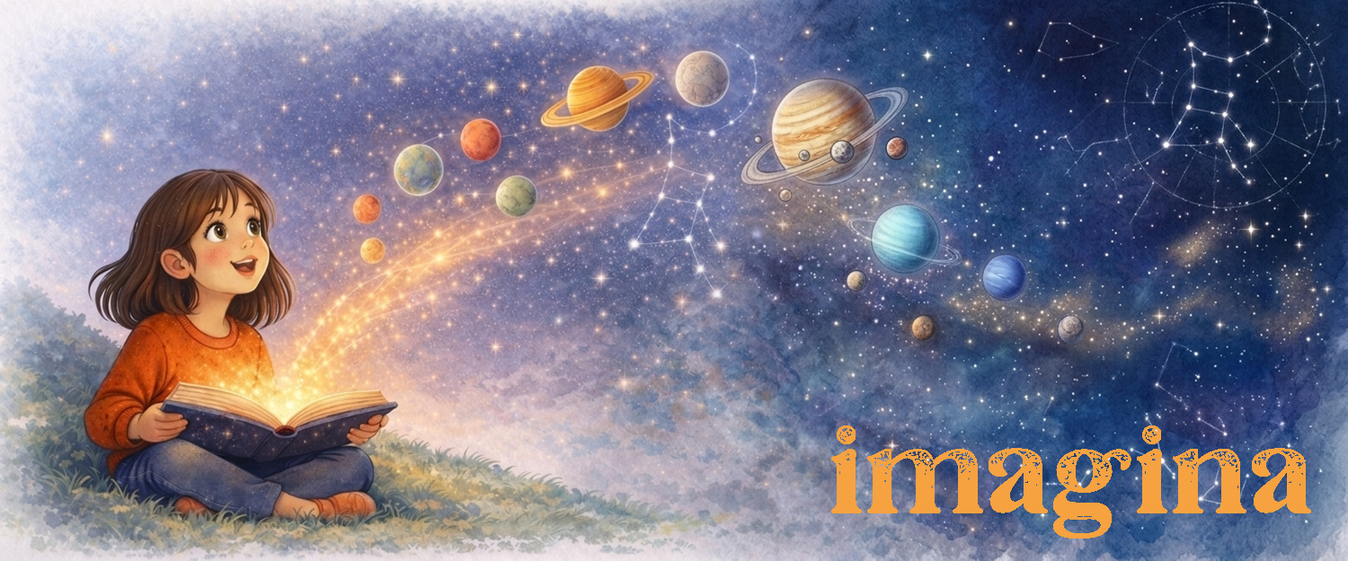 imagina_baner_corporacion astronomia Niña imaginando el universo mientras lee un libro de astronomía.